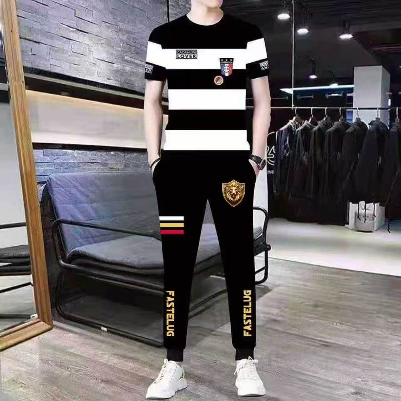 休闲运动服套装男士夏季新款潮流印花短袖长裤一套搭配帅气两件套