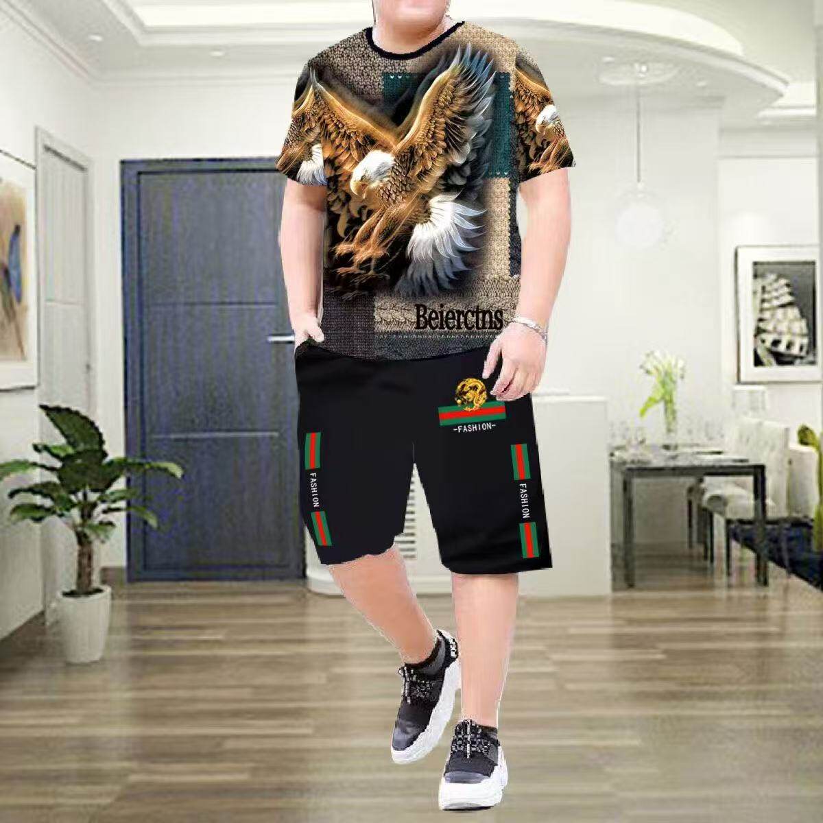 夏季薄款加大肥佬短袖套装男潮流宽松大码运动短裤男装冰丝两件套