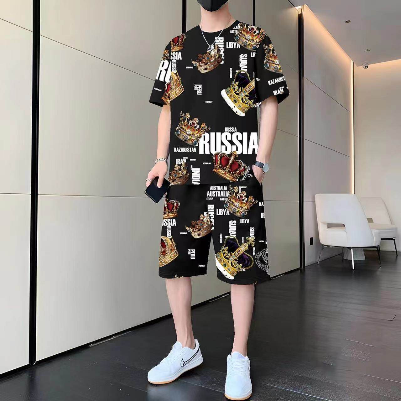 男士夏季薄款冰丝短袖短裤套装潮牌印花宽松中青年休闲运动两件套