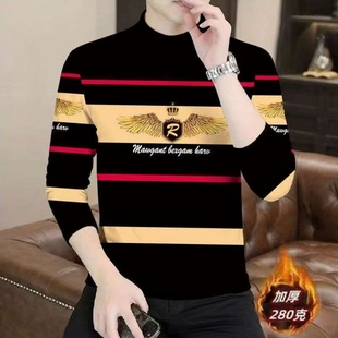 秋冬季男士长袖T恤潮流时尚百搭印花体恤衫德绒保暖半高领打底衫