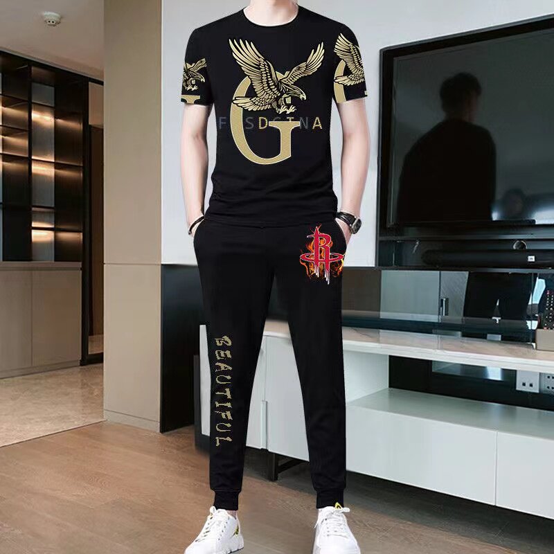 冰丝男士运动套装夏装薄款潮流印花短袖T恤长裤男装一套搭配帅气