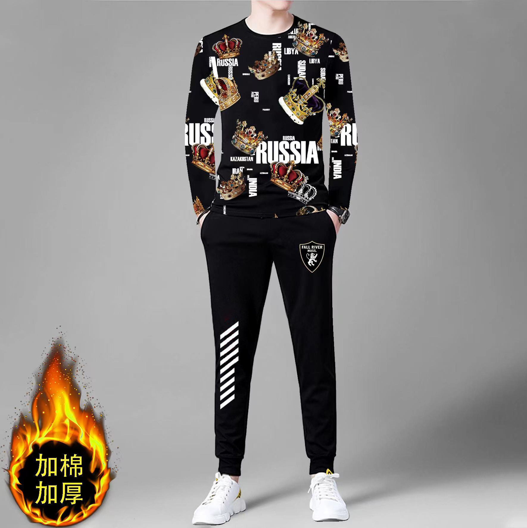 男士休闲套装秋冬款加绒加厚卫衣卫裤男装宽松潮流时尚运动两件套