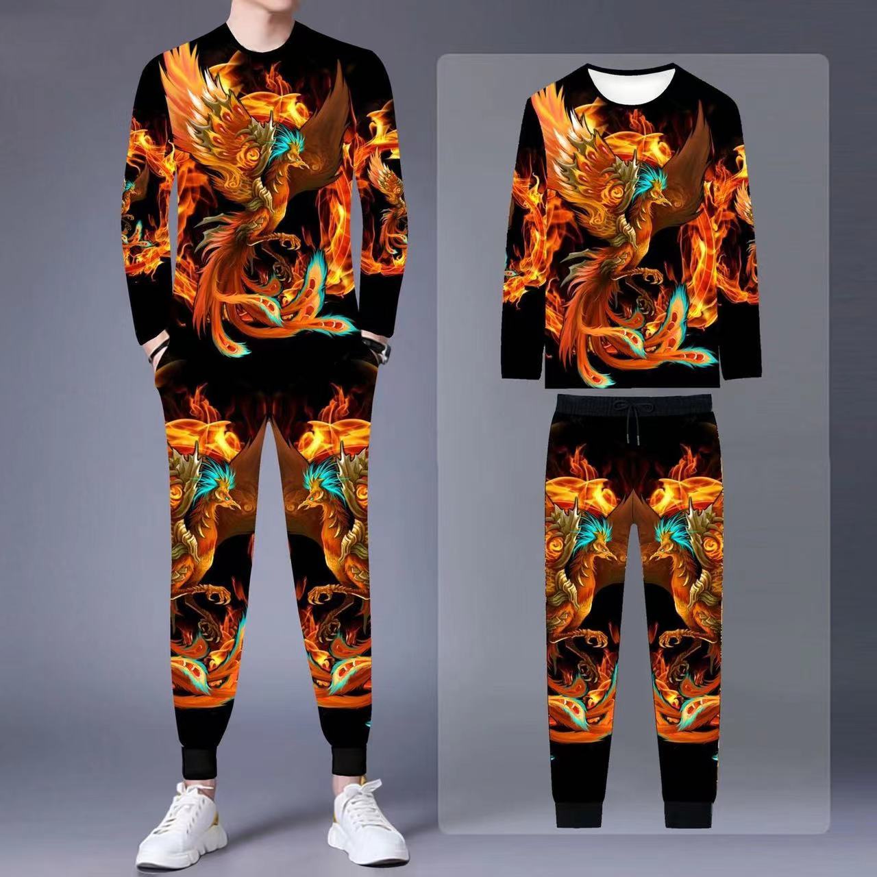 春秋季男士运动套装新款个性潮流印花长袖长裤大码男装时尚两件套