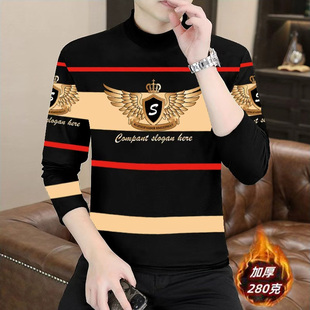 半高领长袖 保暖加厚打底衫 T恤秋冬季 潮流印花上衣服男装 新款 男士