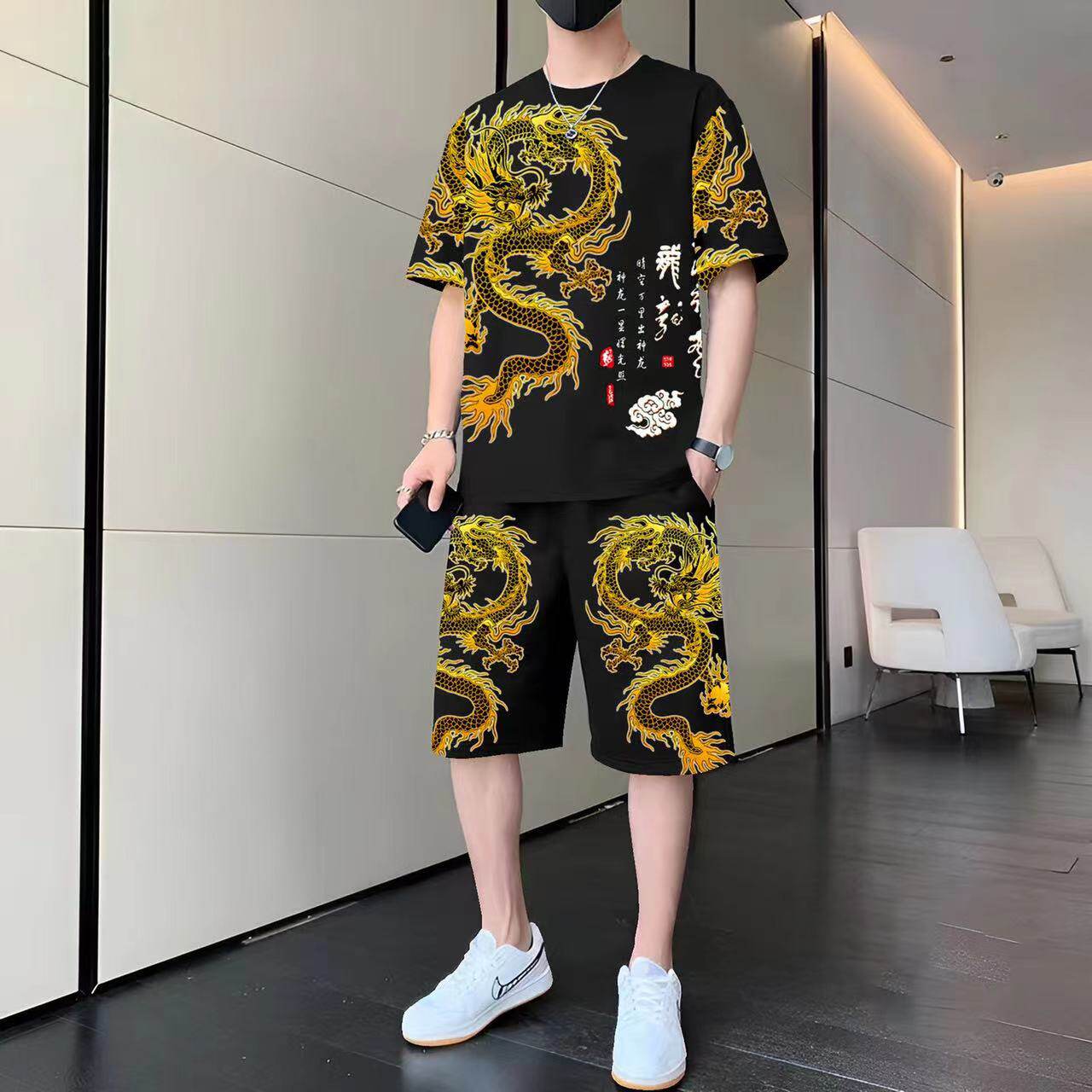 男士夏季休闲运动套装2026新款潮流印花短袖短裤男装一套搭配帅气