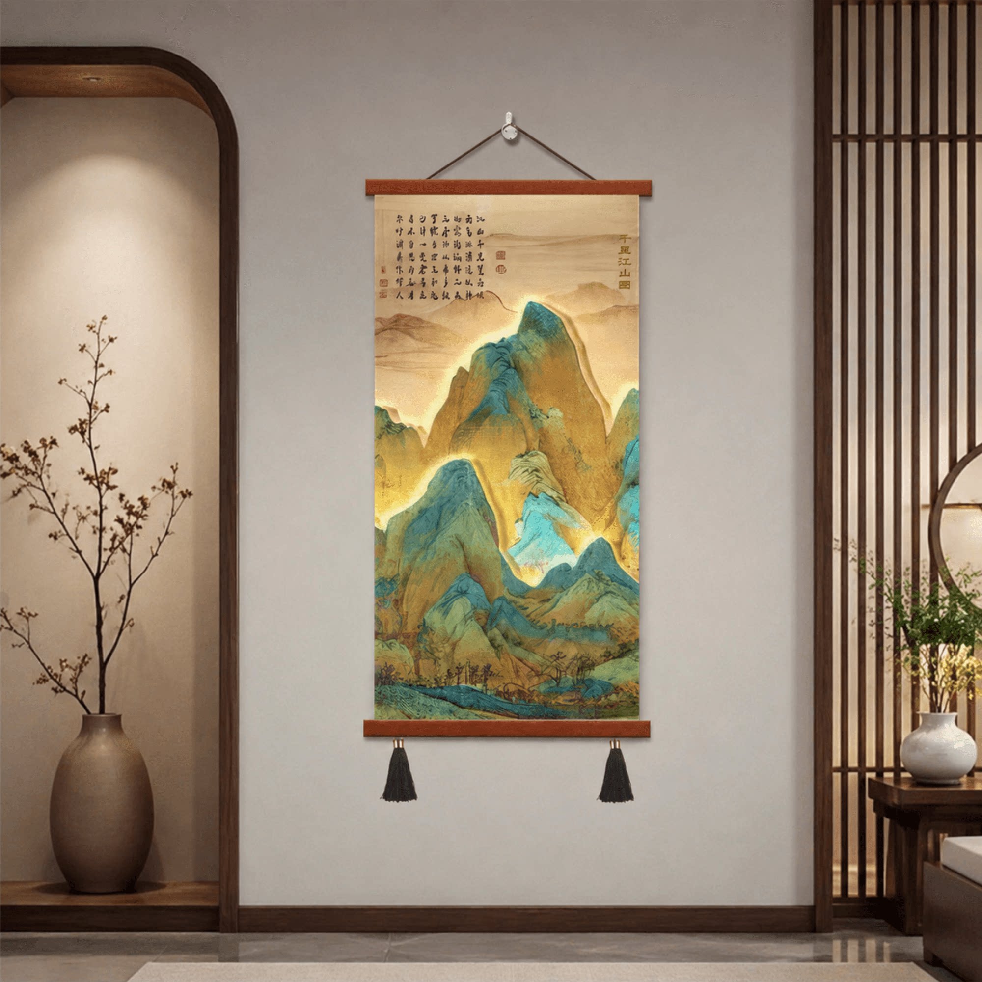 轻奢新中式千里江山图玄关走廊入户家居茶室墙面立体发光装饰挂画
