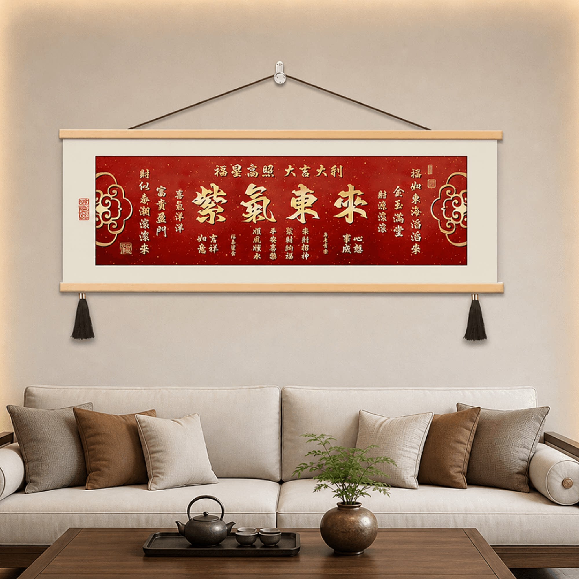 新中式实木紫气东来客厅沙发背景墙横幅装饰画招财吉祥好寓意挂画