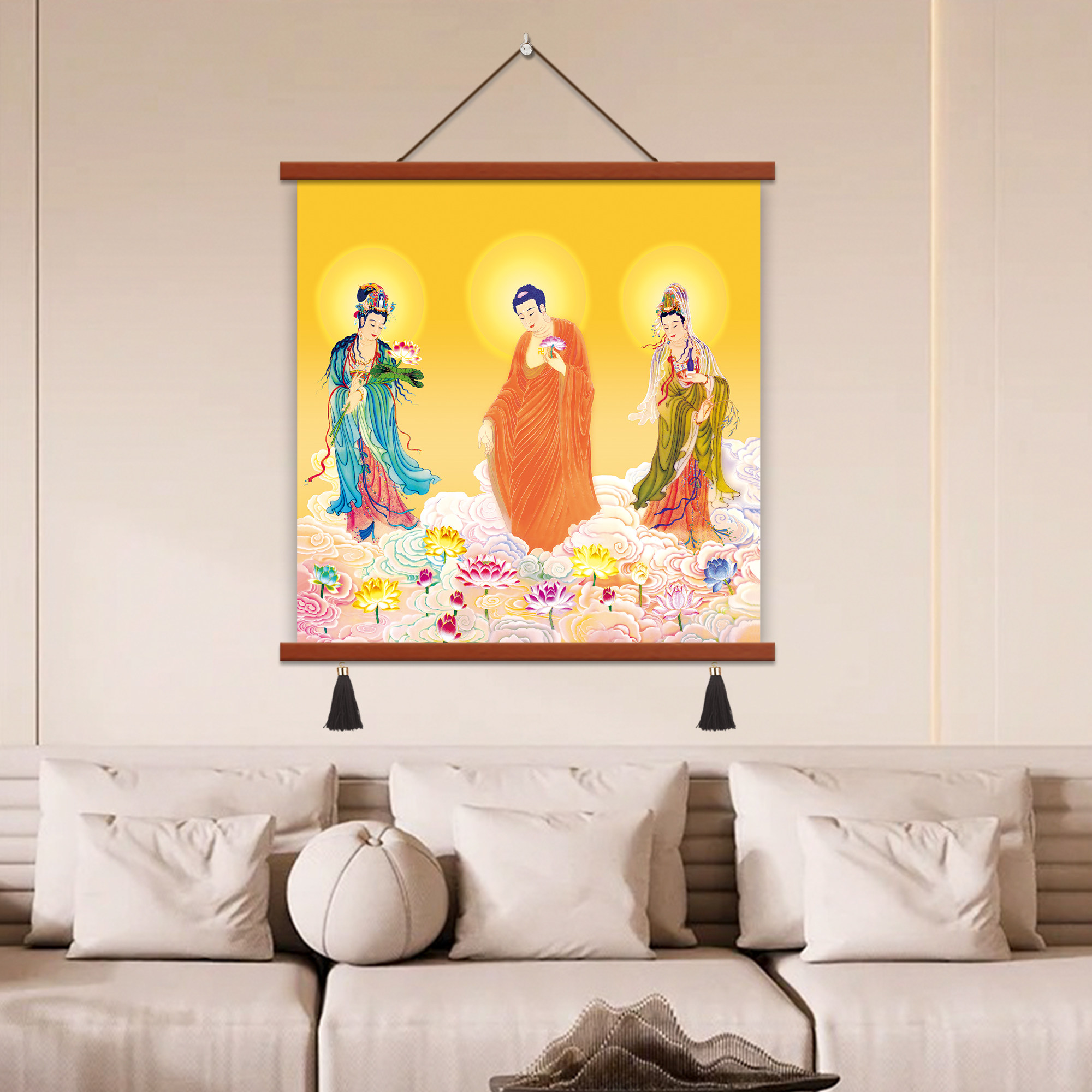 西方三圣原木挂轴阿弥陀佛大势至观世音三尊画像佛堂客厅装饰挂画