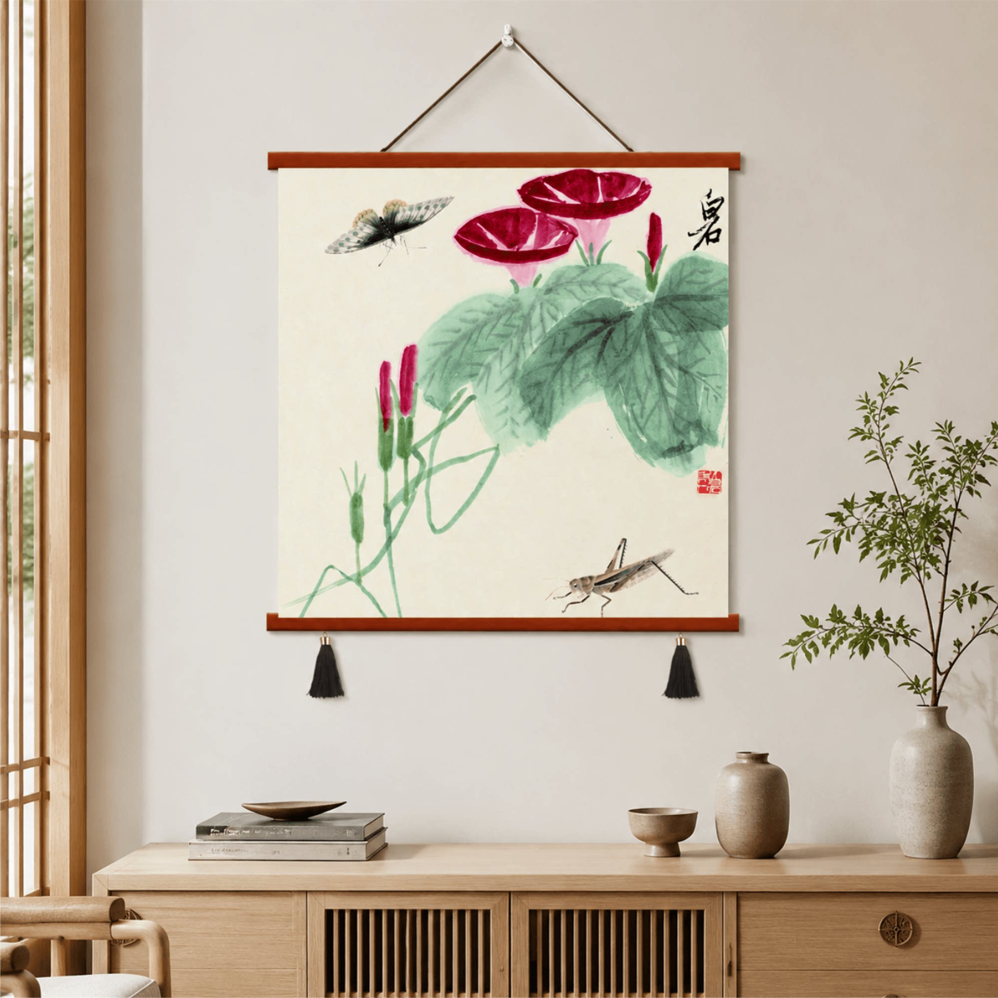 齐白石手绘牵牛花草虫国画玄关书房客厅卧室装饰挂画轻奢简约风格