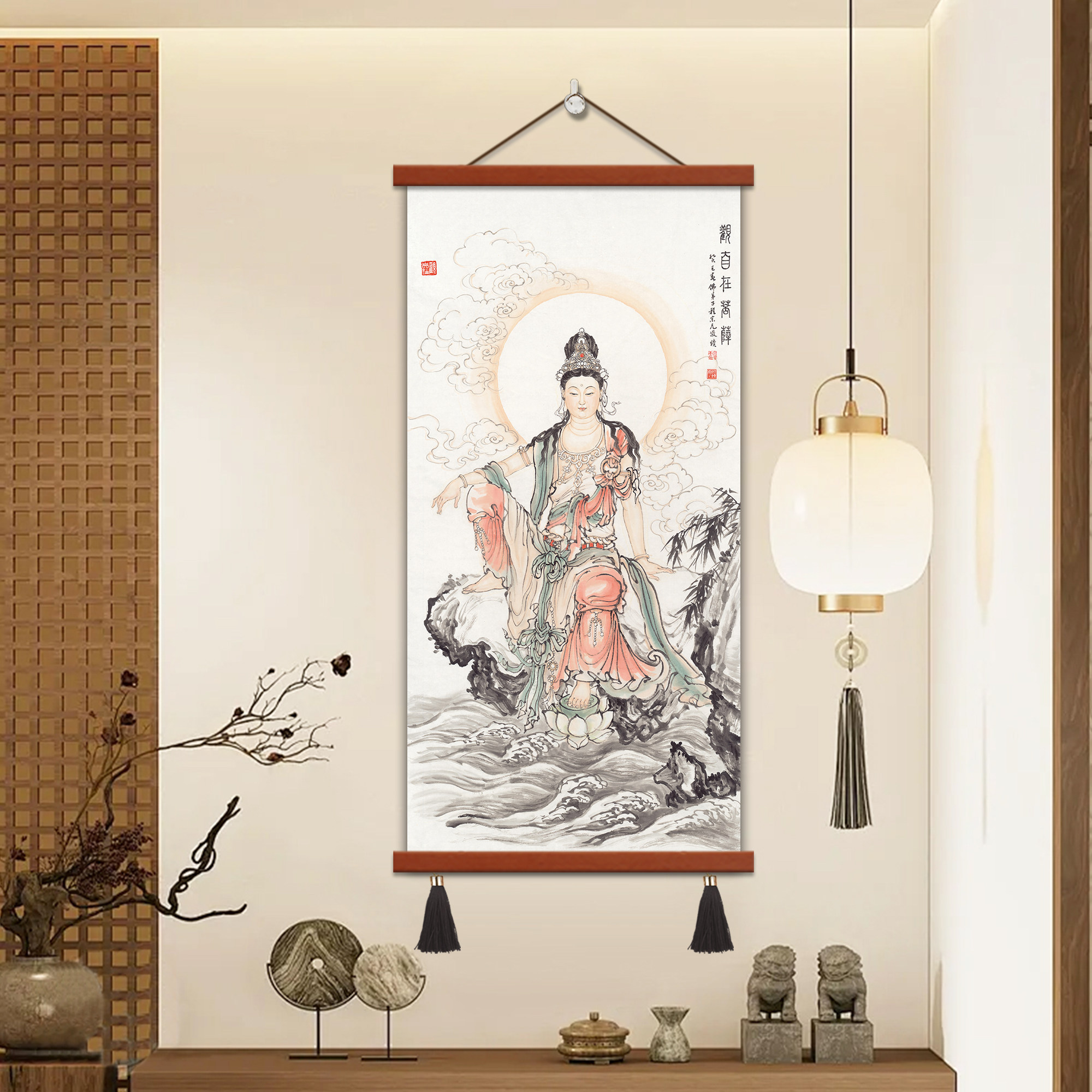 观世音菩萨画像光世音挂画玄关供奉版画佛像保平安居家结缘国画