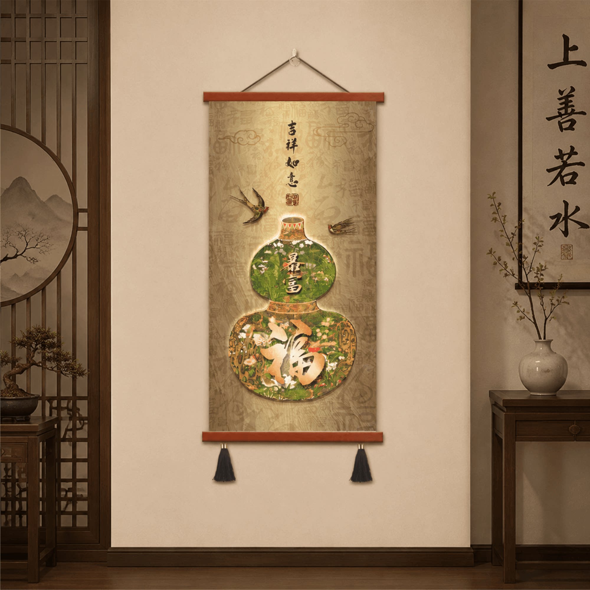 新中式玄关吉祥如意福禄暴富挂画客厅茶室书房国风景致墙装饰壁画图片