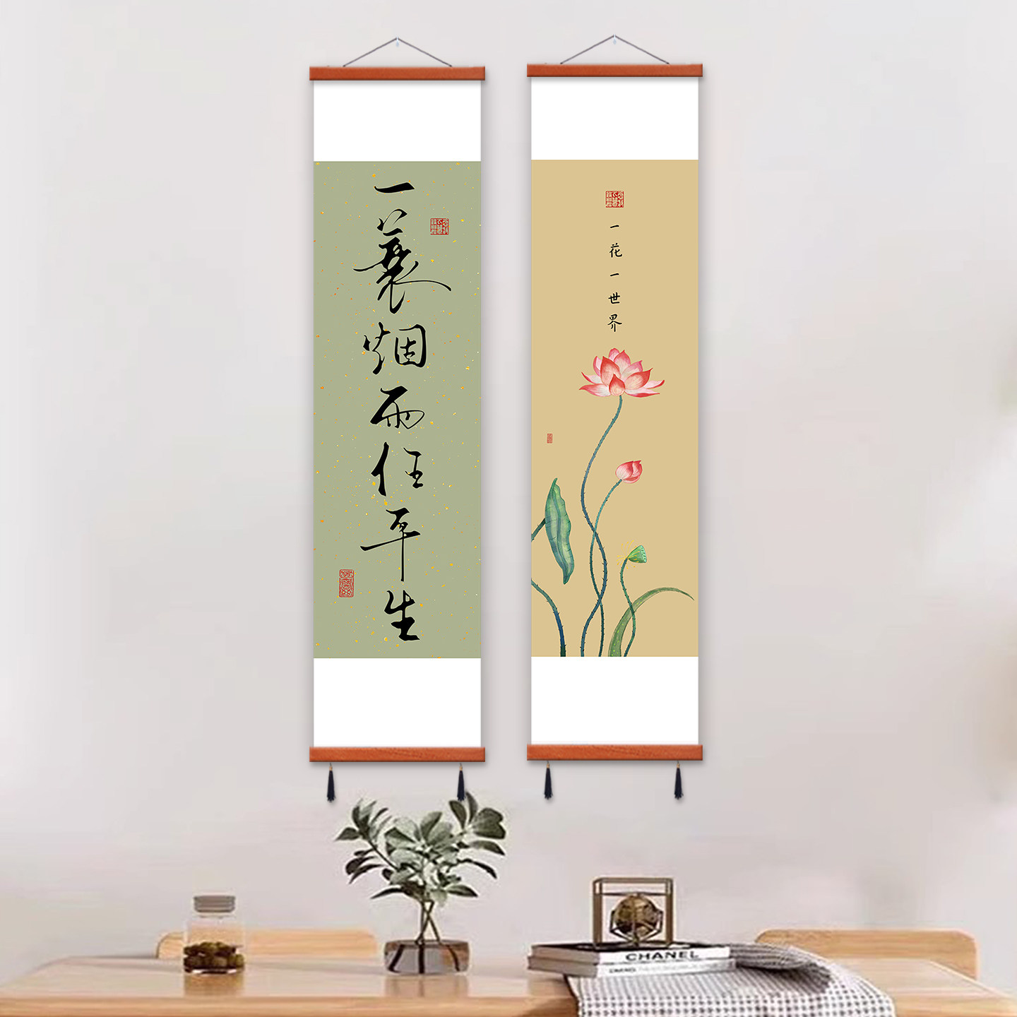 荷花新中式禅意装饰画客厅办公室卷轴挂画竖长条茶室书房画轴壁画