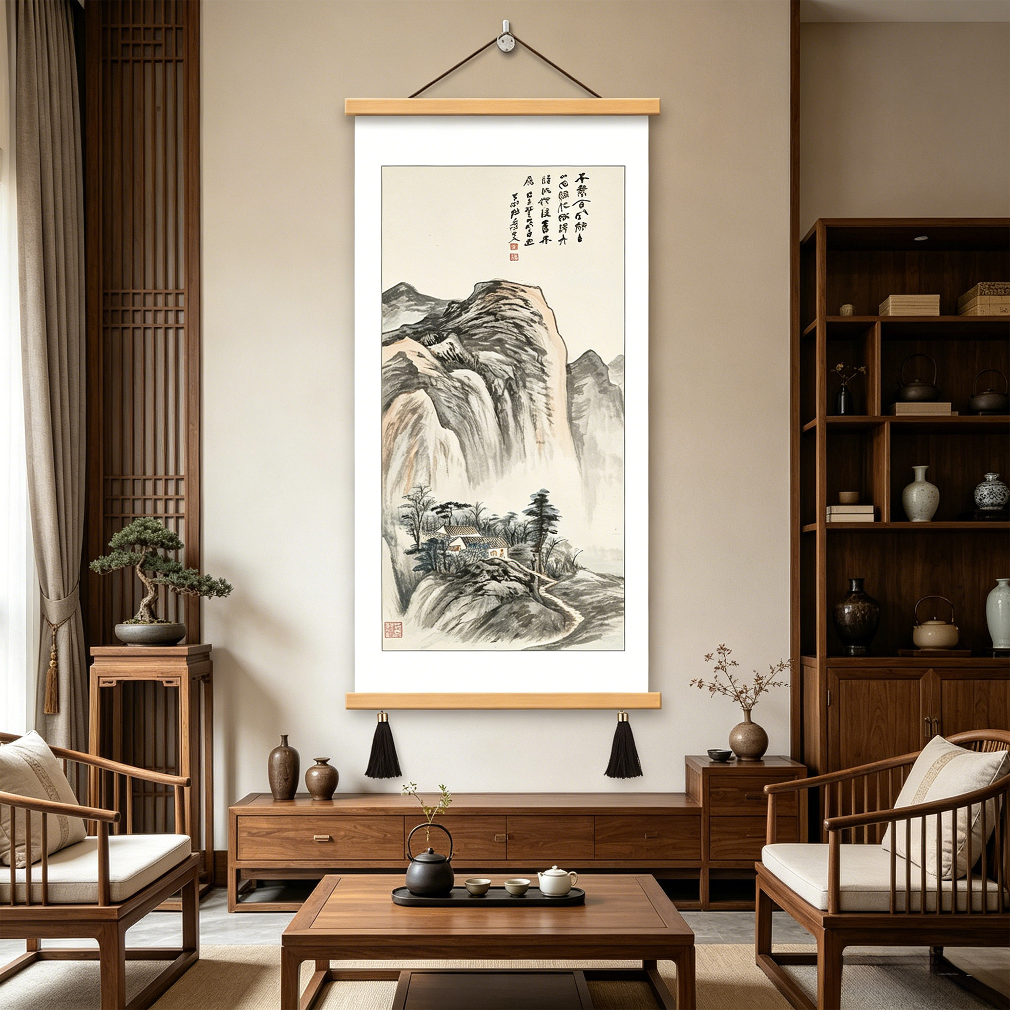 山水画悬挂屏卷轴画张大千古风禅意条幅竖版国画国风新中式装饰画