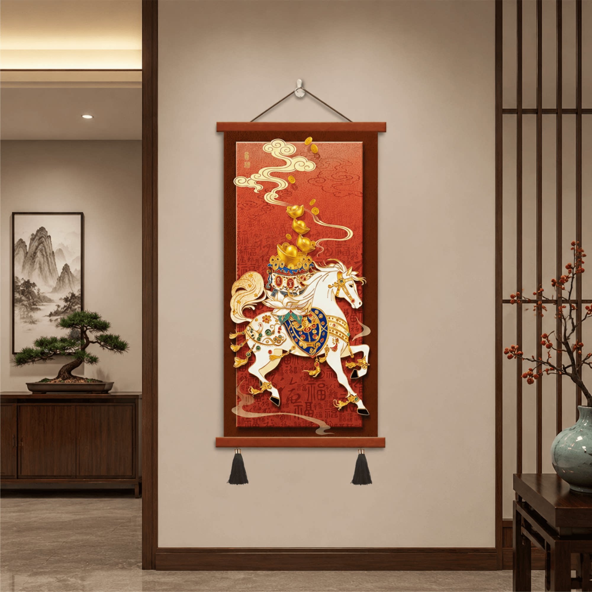轻奢珐琅彩新中式玄关招财马上发财聚宝盆百福装饰画客厅走廊挂画
