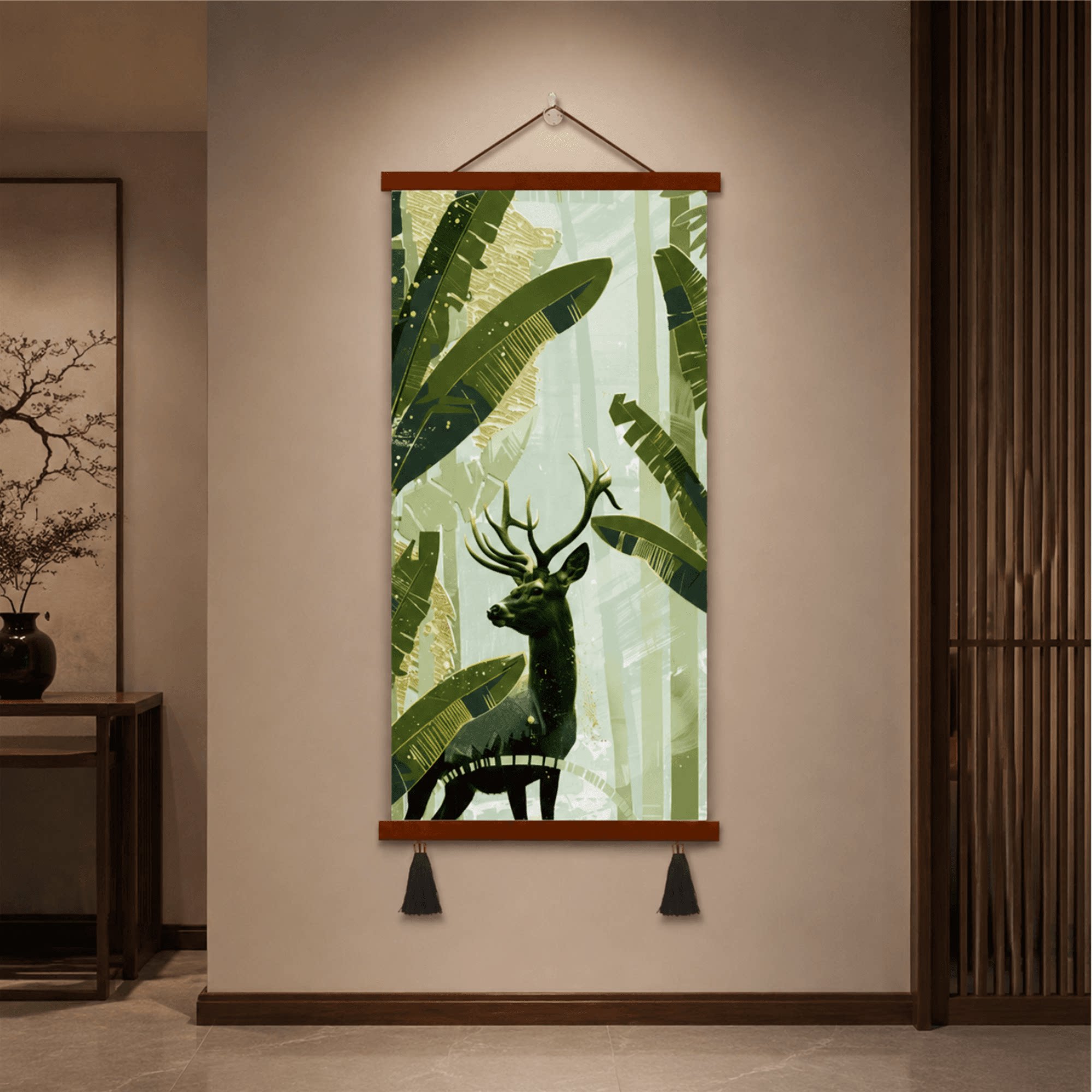 绿色热带植物麋鹿玄关装饰画现代简约走廊过道竖版挂画客厅背景墙