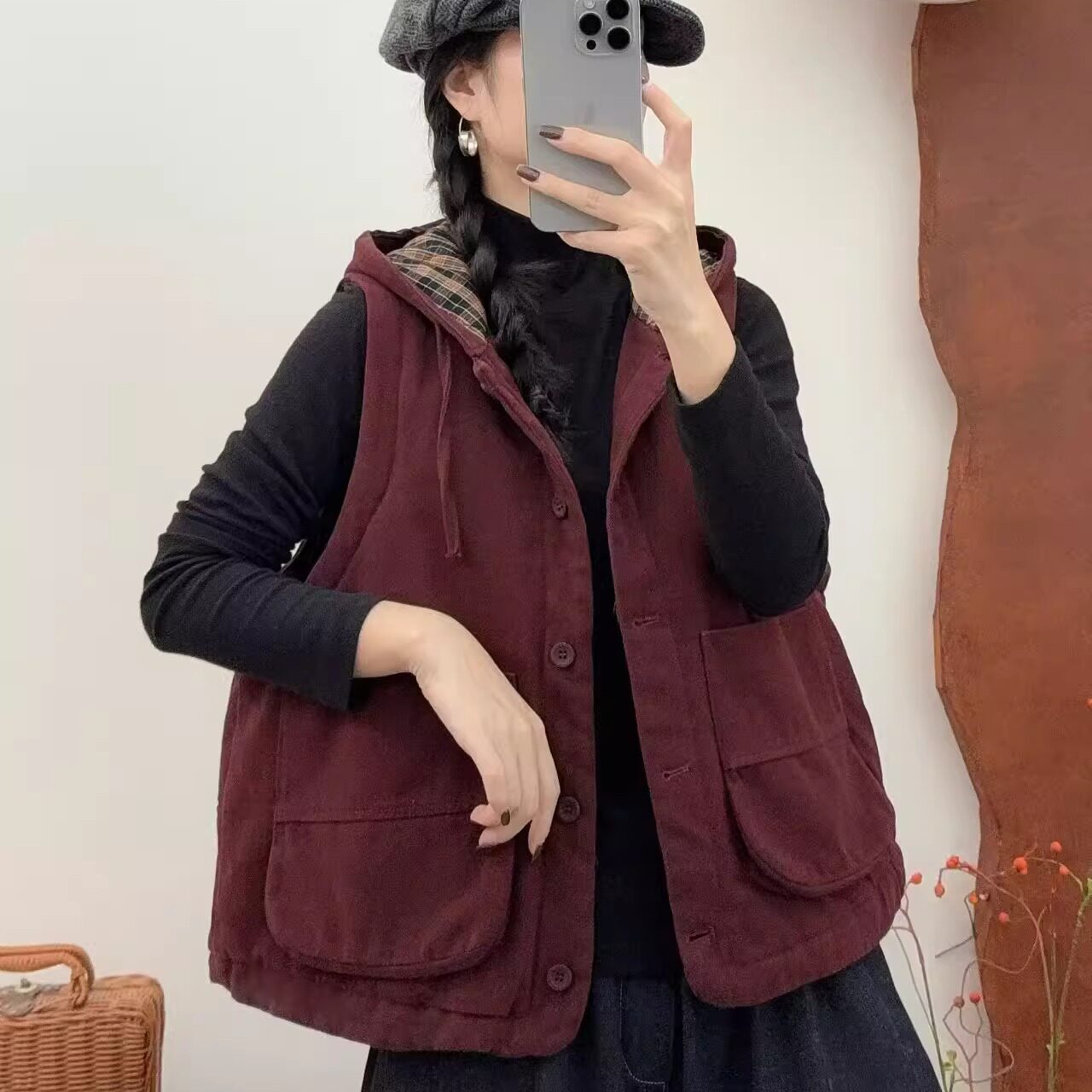复古拼色格子夹棉加厚连帽马甲背心女冬季大口袋宽松休闲上衣外套
