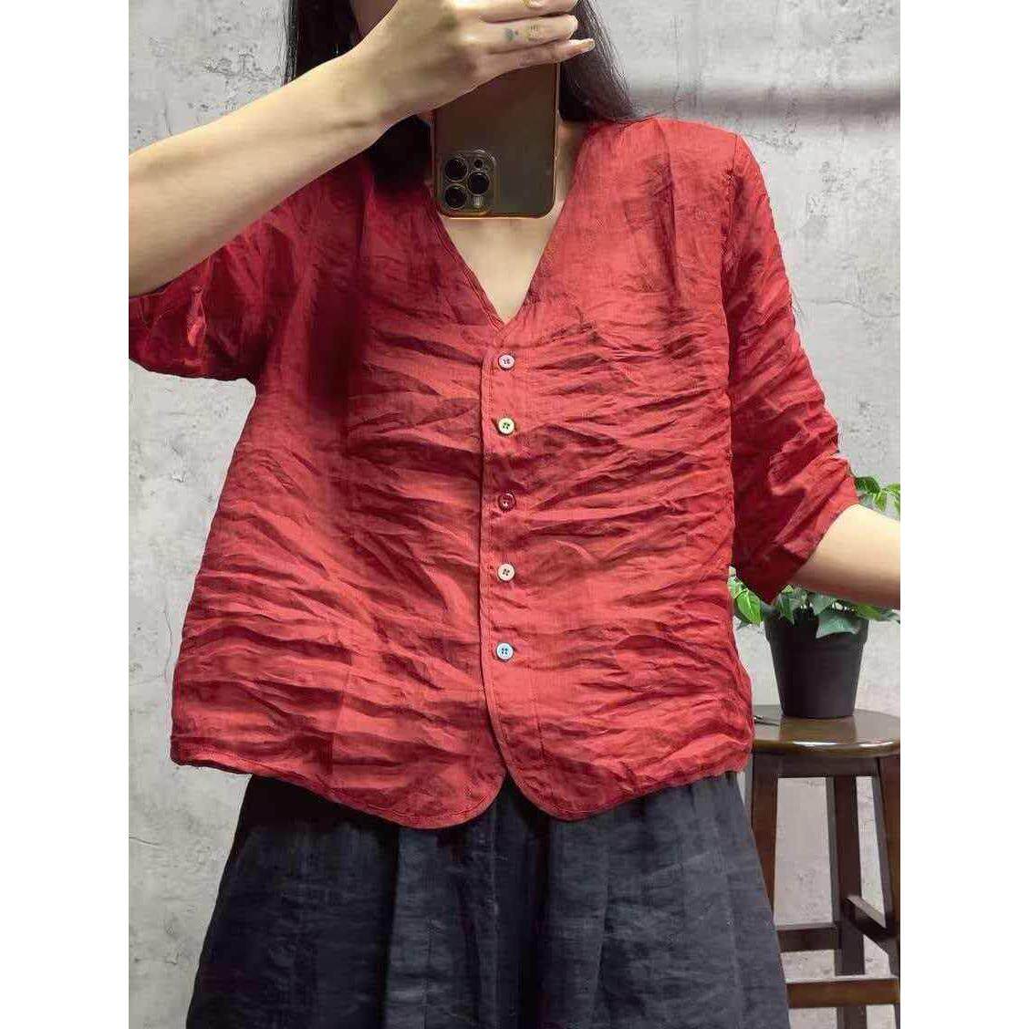 夏季新款复古新中式苎麻V领五分袖上衣宽松休闲显瘦开衫短款T恤女