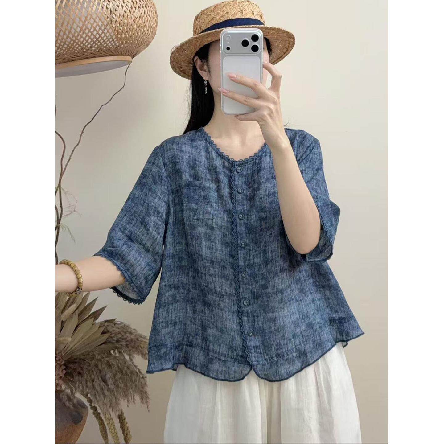 文艺风苎麻衬衫女夏季宽松圆领五分袖开衫短款气质百搭上衣小衫