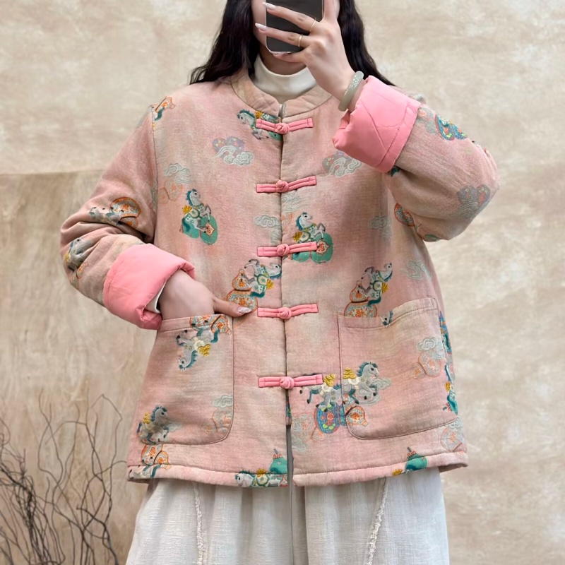 冬季新款复古新中式印花盘扣加棉外套宽松休闲显瘦国风棉衣棉服女
