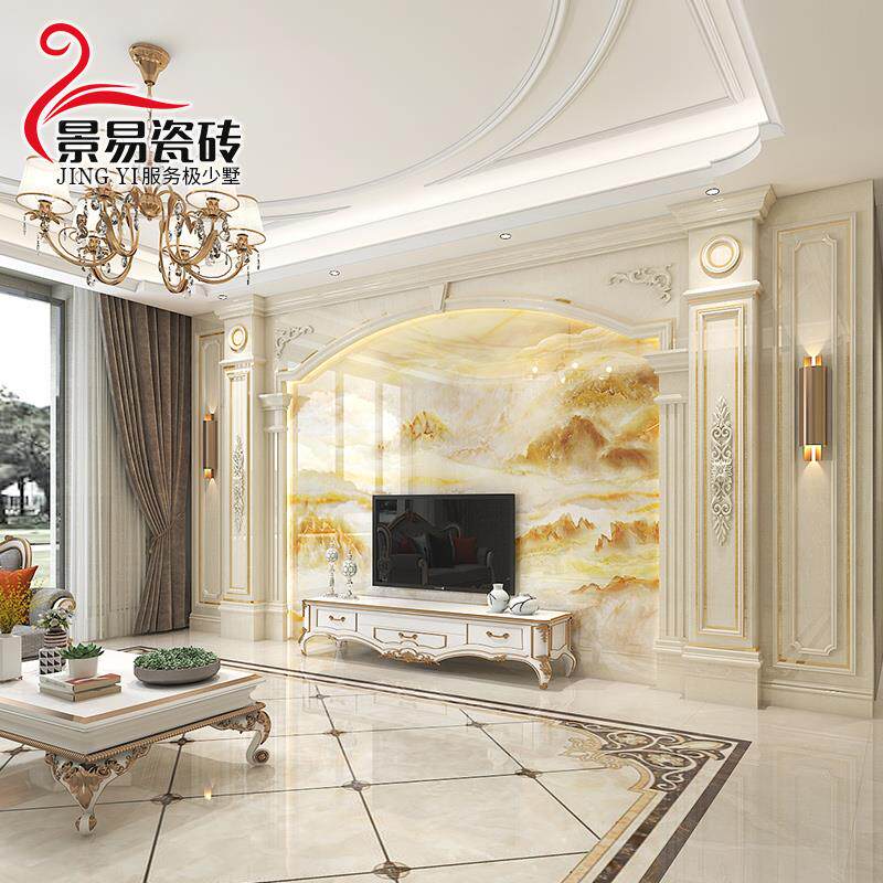 大理石整装影视墙别墅石材电视背景墙罗马柱瓷砖复式全屋客厅欧式