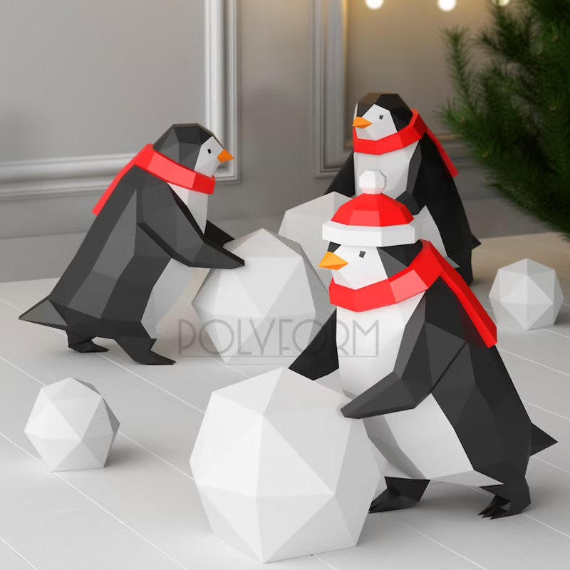 圣诞节纸模装饰道具可爱企鹅玩雪球手工折纸节日主题橱窗场景摆件