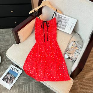 红色无袖 小个子海边度假沙滩短裙 2024新款 吊带碎花连衣裙子女夏季
