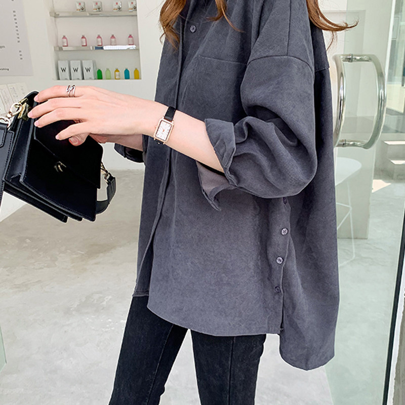 春装潮流衬衫女2020新款韩版宽松复古港味长袖中长款大码女装上衣