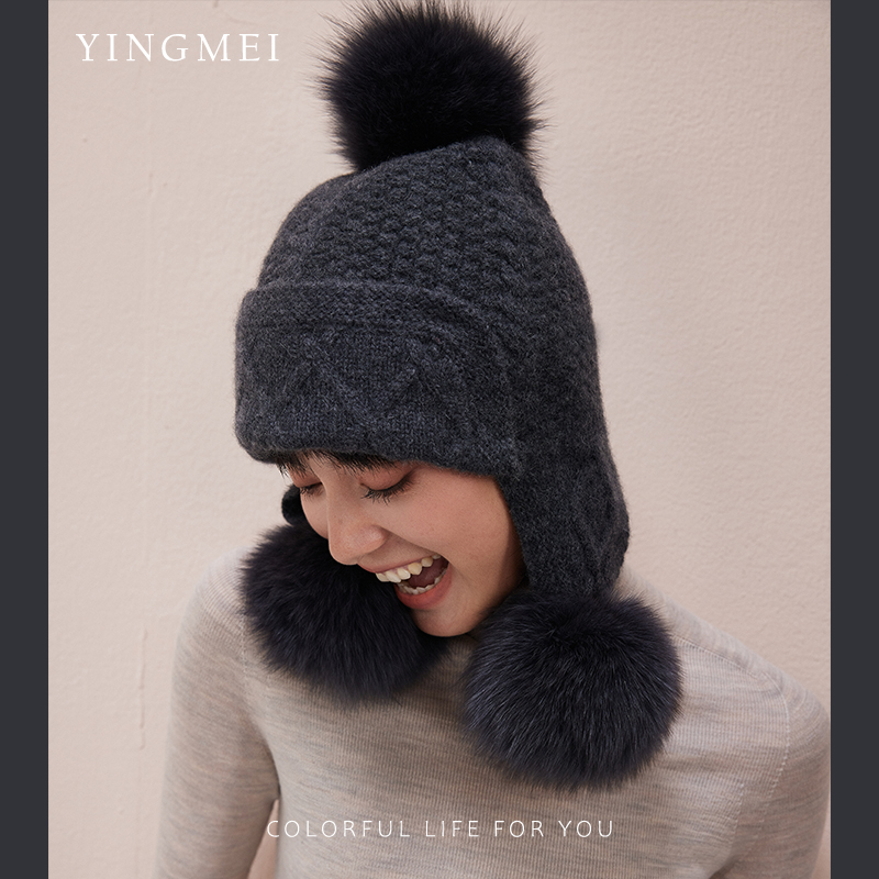 盈妹狐狸毛球纯山羊绒帽子加厚款