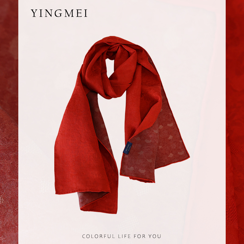 盈妹silk古典红-非遗花罗100%桑蚕丝围巾双面真丝红色丝巾高档女