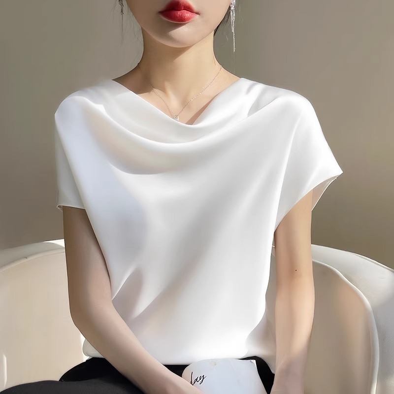 法式白色醋酸缎面真丝短袖T恤女夏季2025新款气质桑蚕丝荡领上衣