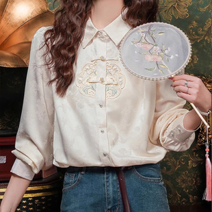 新中式国风真丝刺绣衬衫女2025女装新款女士高端桑蚕丝衬衫上衣