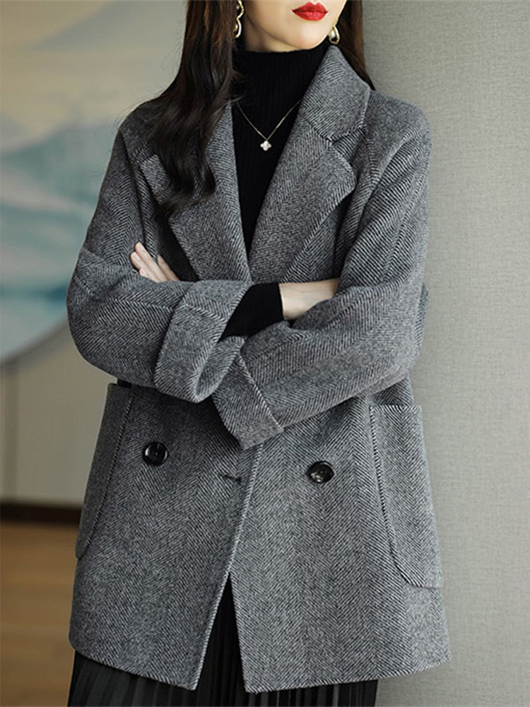 人字纹灰色西装外套女高级感2025新款爆款中长款毛呢双面羊绒大衣