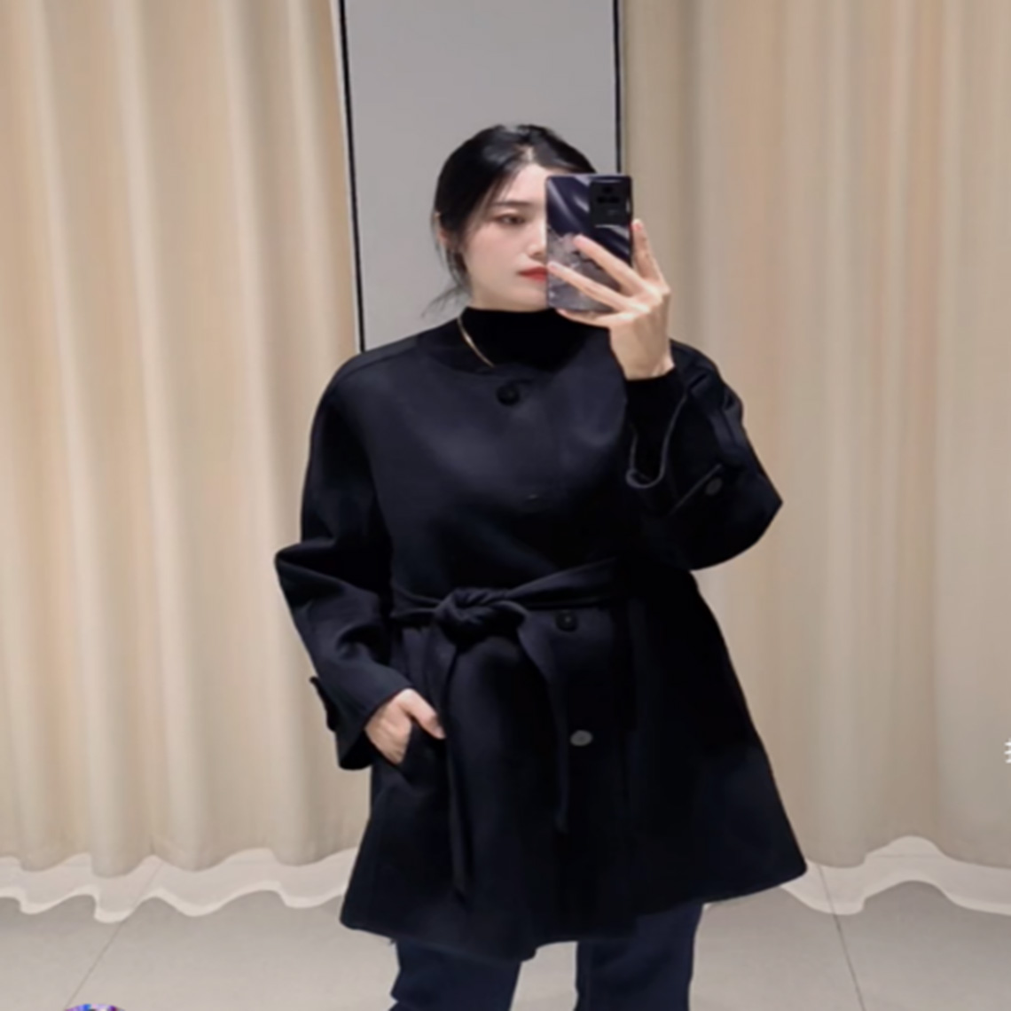 经典圆领短款宽松休闲羊绒大衣