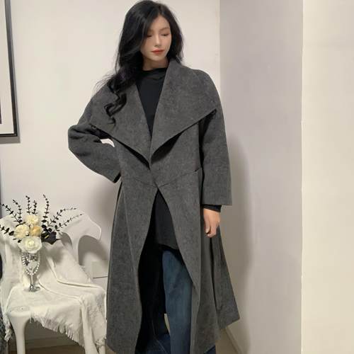 亏本清仓OVV现货2024秋冬款杂花灰大翻领长款腰带大衣GWDAJ43113A