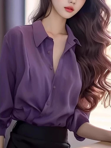 Летняя модная шифоновая сиреневая рубашка, яркий броский стиль, 2025 года, французский стиль, изысканный стиль, в западном стиле, свободный крой