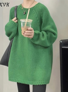 绿色中长款毛衣女2025春秋圆领宽松遮屁股显瘦针织衫洋气内搭上衣