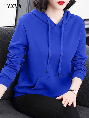 宝蓝色连帽卫衣女2025秋冬新款大码宽松显瘦加绒加厚休闲外套上衣