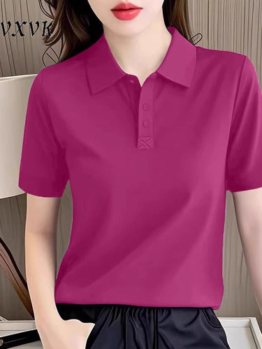 玫瑰红色Polo领短袖t恤女士2025夏季大尺寸翻领宽松修身Look棉纽