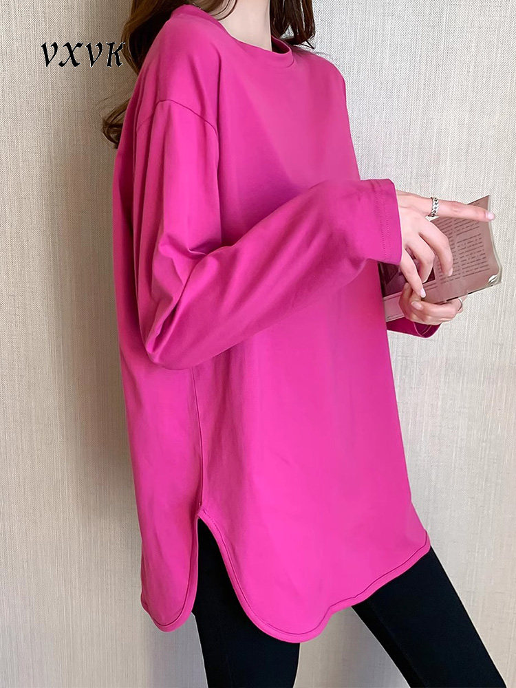 玫红色中长款长袖t恤女2025秋冬圆领宽松显瘦打底衫纯棉开叉上衣,女装/女士精品,T恤,淘宝优惠券,粉丝福利购,淘宝优惠卷