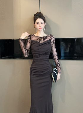 30635鱼尾连衣裙女秋冬修身显瘦法式气质端庄大气内搭长款轻礼服
