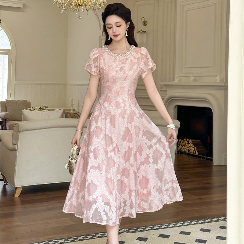 夏天巨好看的连衣裙女粉色圆领印花法式高级感收腰A字裙2026新款