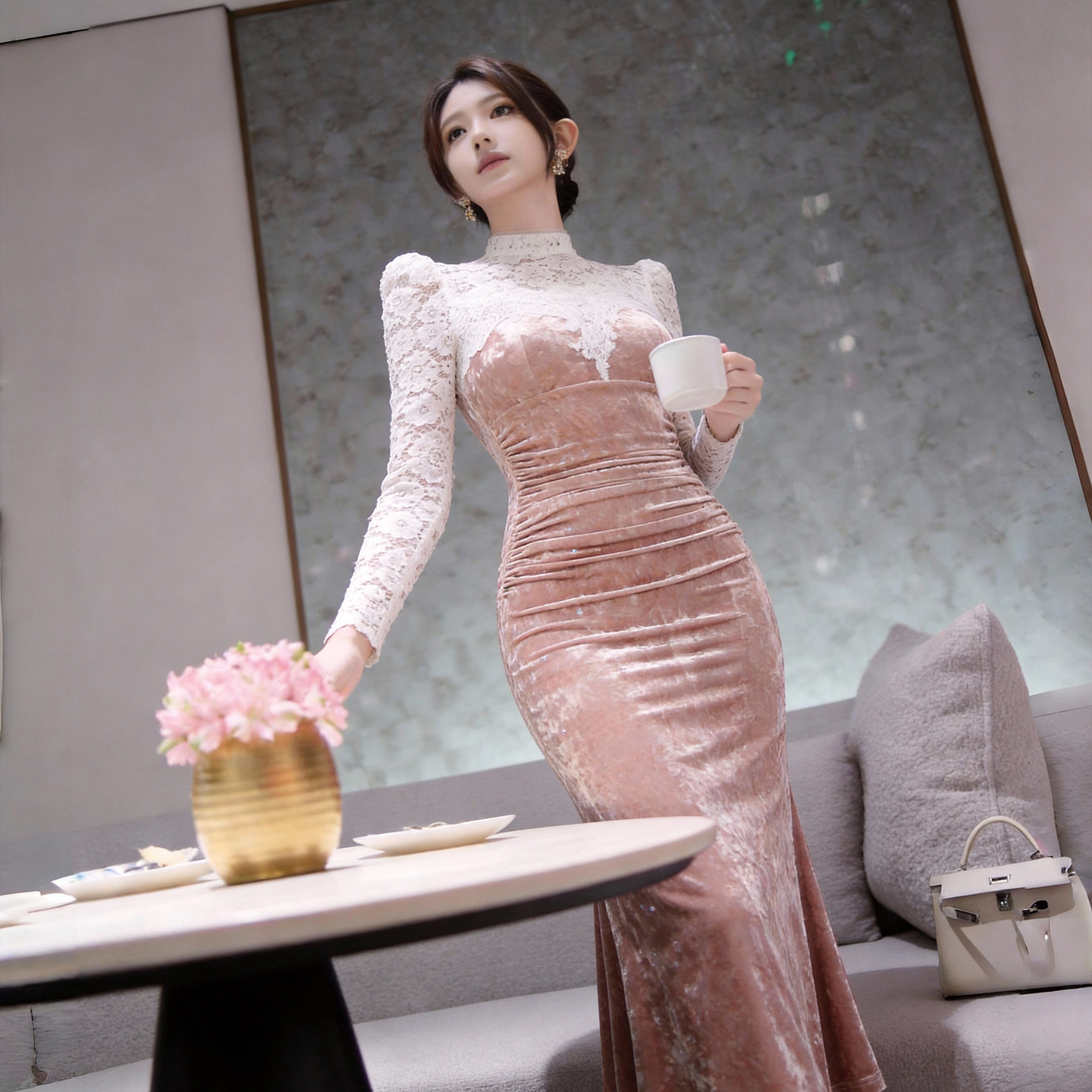 粉色丝绒连衣裙春秋法式名媛气质长袖修身显瘦内搭包臀鱼尾裙礼服