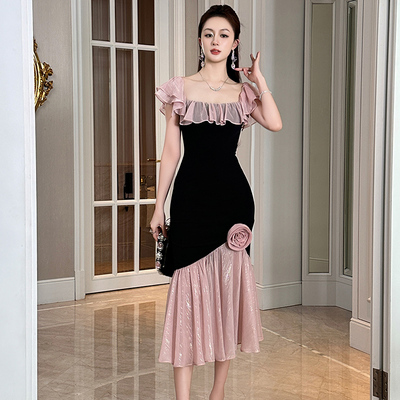 法式设计感礼服裙夏季新款名媛方领荷叶边修身显瘦不规则鱼尾长裙