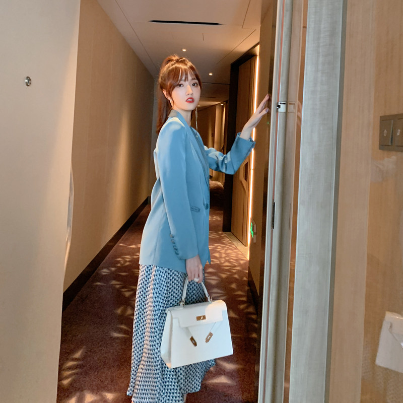 秋款休闲时尚洋气西装两件套装女蓝色千鸟格吊带连衣裙外套中长款