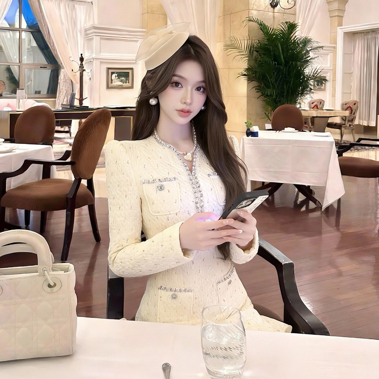 重要场合漂亮连衣裙女法式白色丝绒气质西装裙荷叶边短款订婚礼服