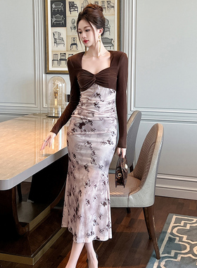 21444鱼尾连衣裙包臀晚礼服显瘦高级感打底内搭长袖碎花裙子秋冬