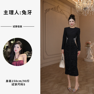 小蛮腰·修身 包臀名媛显瘦黑色复古收腰连衣裙9902