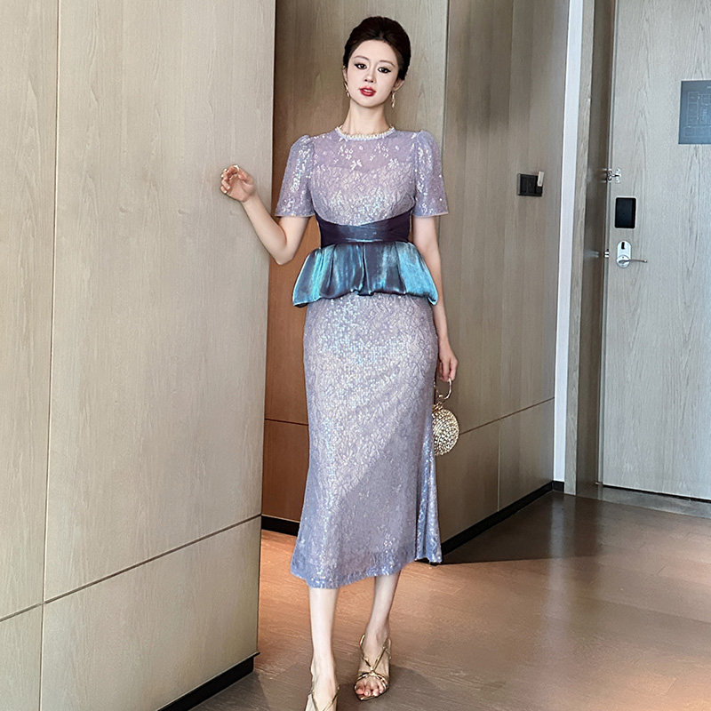 2026新款夏日设计感巨好看连衣裙女荷叶边收腰拼接气质名媛鱼尾裙