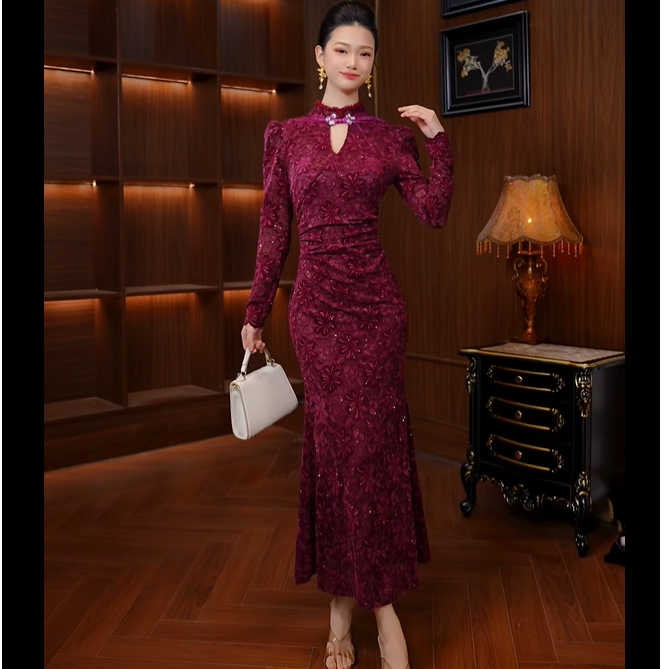 秋冬新中式名媛高级轻奢收腰显瘦气质鱼尾裙女装连衣裙22010