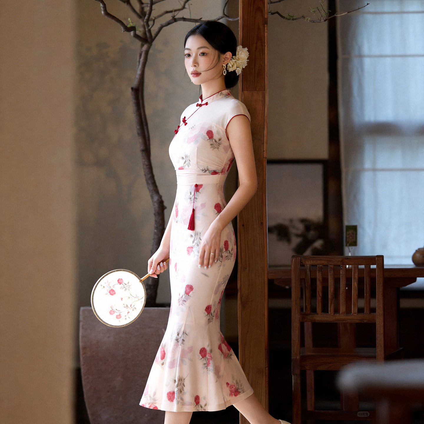 新中式盘扣旗袍连衣裙女夏季新款性感修身女人味碎花裙无袖鱼尾裙